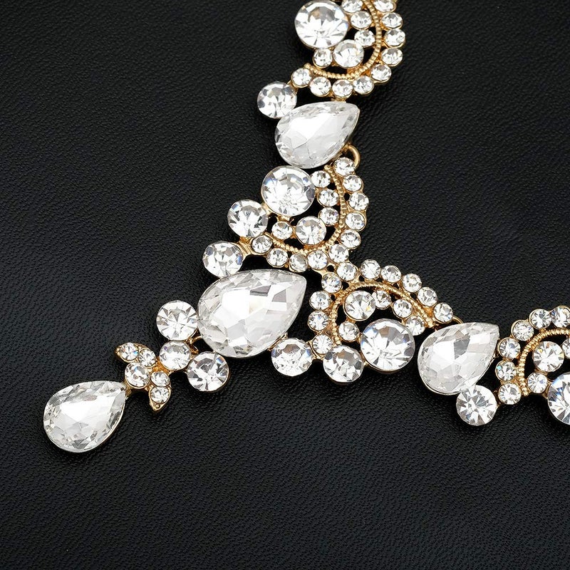 CSY 4 Pcs/Sets Elegant Crystal Necklace Earrings Bracelet Ring Bridal Wedding Costume Jewelry Sets for Brides Women Gifts (Gold Plated-White) - Image 5
